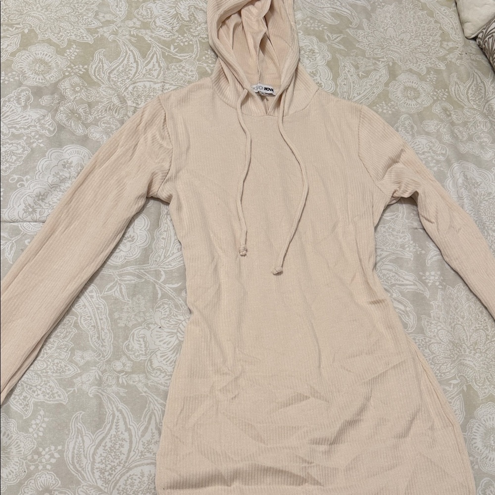 Fashion Nova Beige Ribbed Hoodie Mini Dress